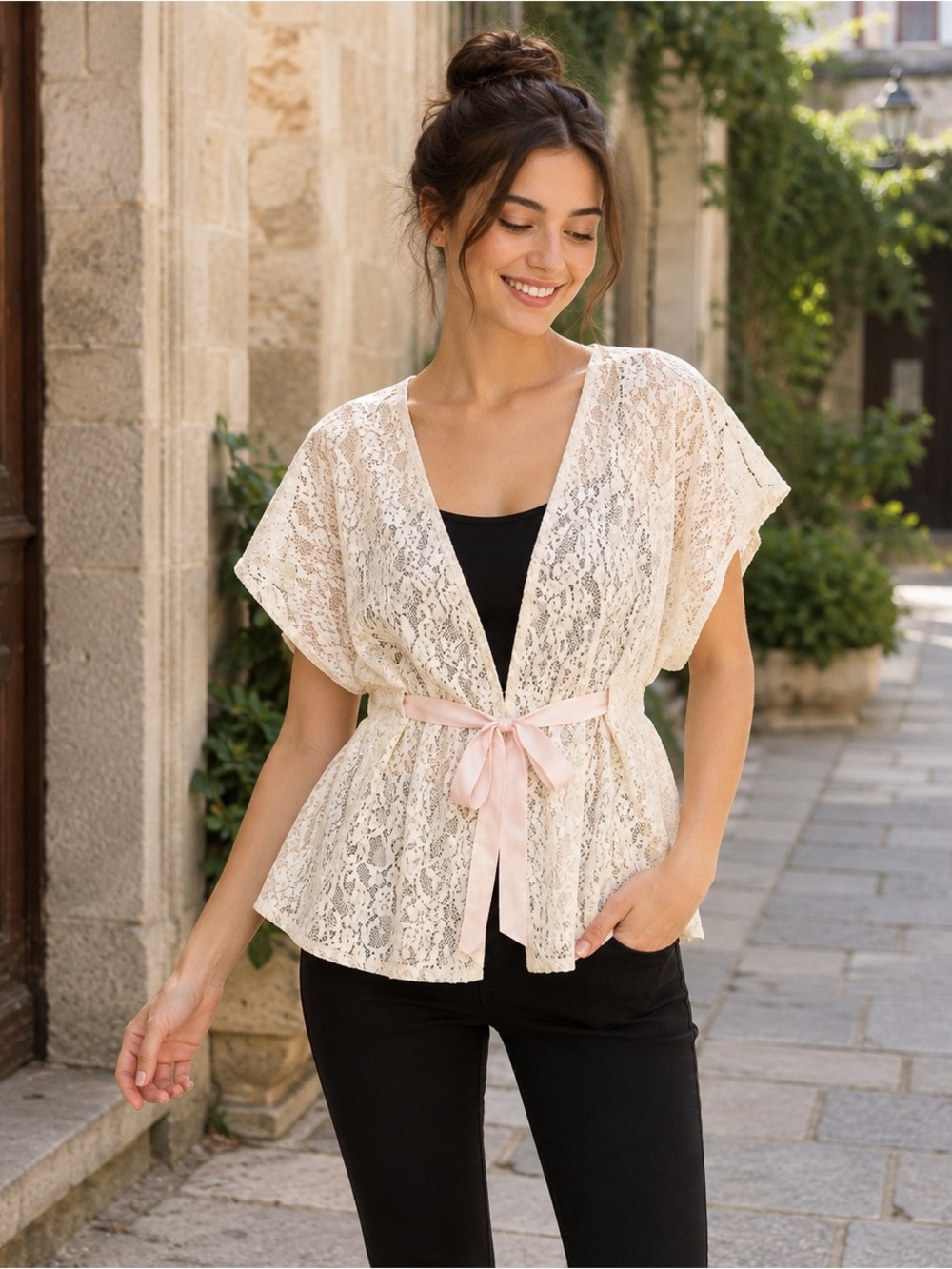Umgee Lace Peplum Top Cream Boho Romantic Sheer Tie Waist Flowy Blouse M